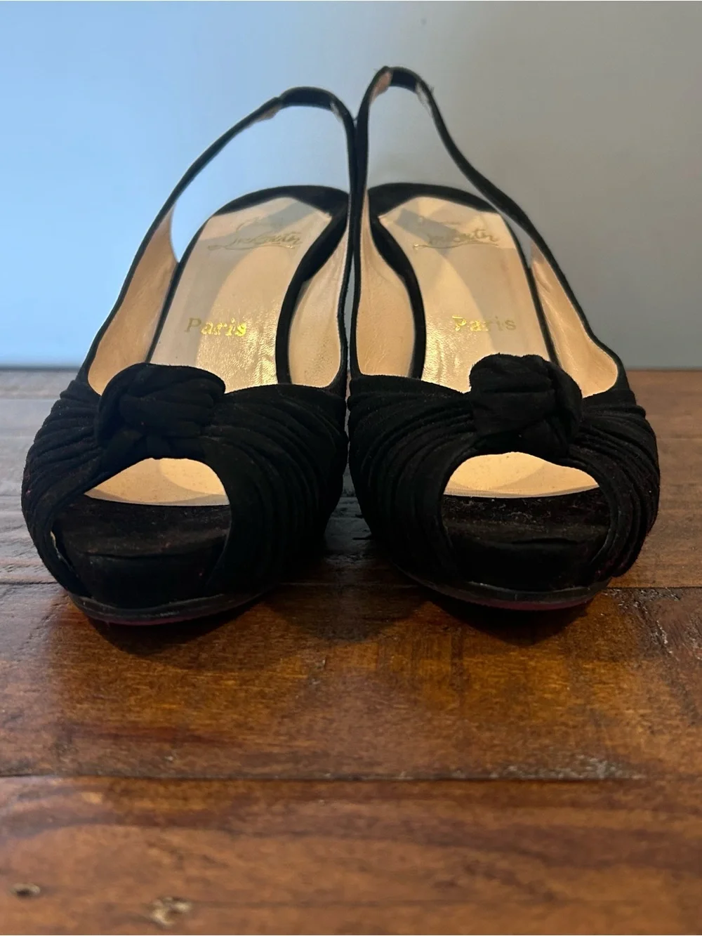 Christian Louboutin Black Suede Wedge Slingback Knot Peep-Toe.Size 40.5 See Note